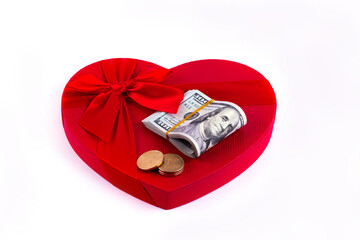 Red gift box in the form of a human heart symbol and a 100 American dollar bill