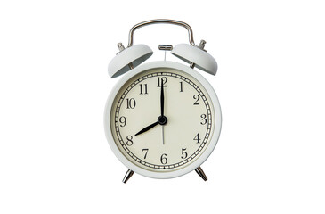 White vintage alarm clock the time on 8 o'clock, isolated on white background with clipping path, for decoration design, copy space background.
