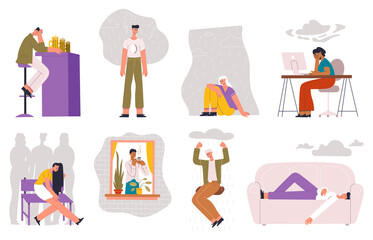 Sad, feel lonely, depressed socially excluded people. Loneliness, stress, depression feeling sad male female characters vector illustration set. People feel lonely