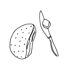 Hand-drawn vector illustration with a slice of white bread and butter on a knife. A simple doodle style isolated on a white background. The symbol of breakfast.