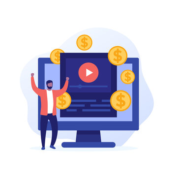 Video Monetization, Earn Money And Getting Paid For The Videos, Vector Illustration