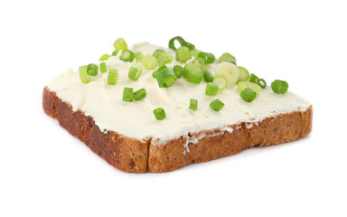 Delicious sandwich with cream cheese and chives isolated on white