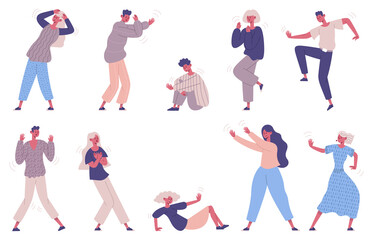 Frightened afraid people, panic attack, scared emotion characters. Terrified, afraid male and female characters vector illustration set. Emotional horrified person