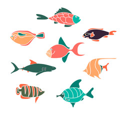 Set of various fish. Hand drawn vector set. Cute cartoon animals. Isolated on white.