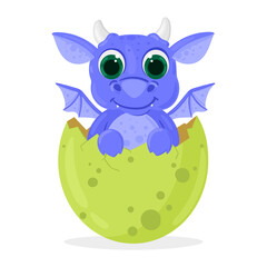 Cartoon fairy tale fantasy cute newborn baby dragon. Cute dragon baby hatches from egg isolated vector illustration. Funny fantasy dragon child