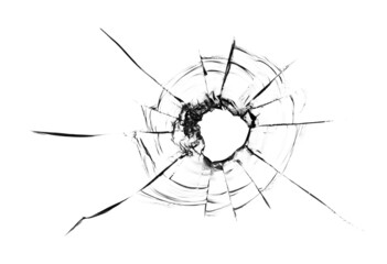 Collage Hole from a ball in the glass, cracks on a white background