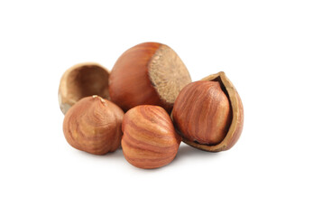 Tasty organic hazelnuts on white background. Healthy snack