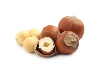 Tasty organic hazelnuts on white background. Healthy snack