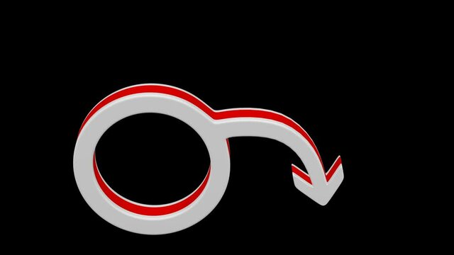 Concept - erectile dysfunction: white gender sign with red strip - spear and shield of Mars bend on black background. Loopable. Luma matte. 3D rendering.