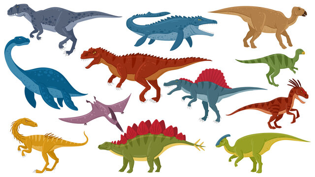 Cartoon dinosaurs, jurassic extinct dino raptors, predators and herbivores. Jurassic dinosaurs reptile, tyrannosaurus, stegosaurus, pterodactyl vector illustration set