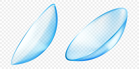 Realistic translucent contact lenses in light blue color, isolated on transparent background