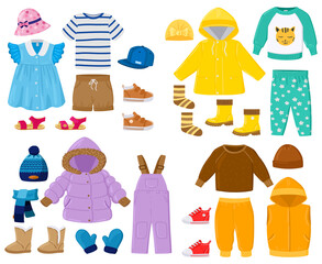Cartoon kids seasonal winter, spring, summer, fall clothes. Puffer jacket, pants, shirt, sandals childrens outfits vector illustration set. Baby seasonal clothes elements