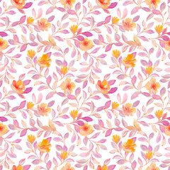 Floral Seamless Pattern. Drawing of a pattern of green leaves and flowers on a white background