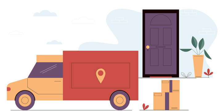 Truck brings cardboard boxes to the door of the house.Online delivery service.Express delivery,fast service 24 7.Delivery service vector illustration.