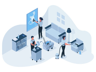 Isometric professional house cleaning service team at work. Cleaning service employees clean, wash and vacuum living room vector illustration. Professional cleaners team