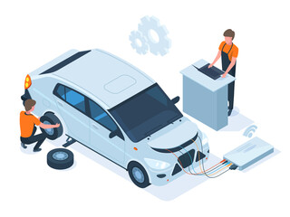 Isometric car maintenance, repair, computer diagnostics station. Auto repair service, mechanic engine diagnostic, troubleshooting vector illustration set. Car repair service