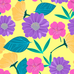 Seamless pattern of colorful flower with green leaves on light yellow color background. Beautiful floral pattern.