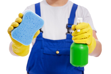 wipe and detergent in professional cleaner hands isolated on white background