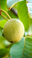 Raw green walnut on the tree branch