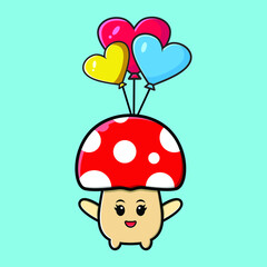 Cute happy mushroom with balloon cartoon icon illustration design isolated flat cartoon style