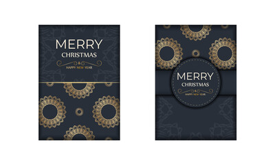 Festive Brochure Happy New Year in dark blue color with abstract gold pattern