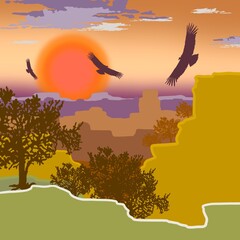 Obraz premium Mountains landscape flat illustration. Nature scenery with mountains, sunrise and birds silhouettes in the sky.