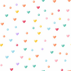 Seamless pattern with the image of cute multicolored dragee beads and hearts. Design for postcards, gift paper, textiles. Background for a birthday decor. Vector illustration on a white background