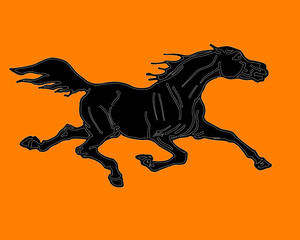 black silhouette horse on orange background,  isolated image drawing