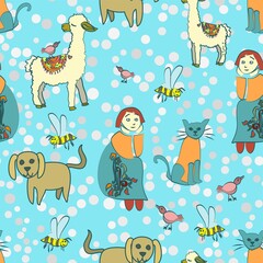 Little Girl And Pets Vector Repeat Pattern