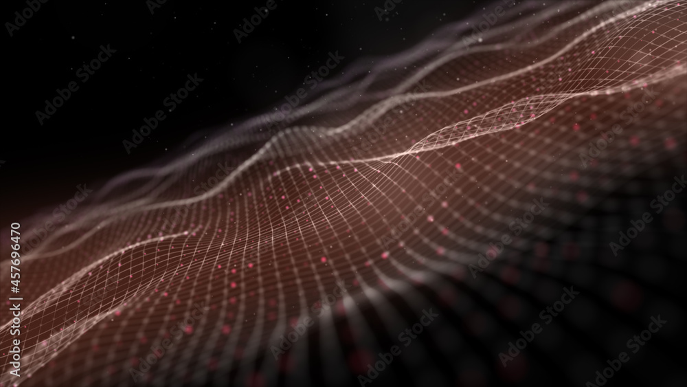 Poster Digital motion graphic of flowing particles wave in abstract cyber space technology de-focus background