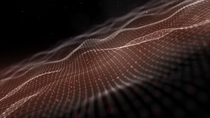 Digital motion graphic of flowing particles wave in abstract cyber space technology de-focus background