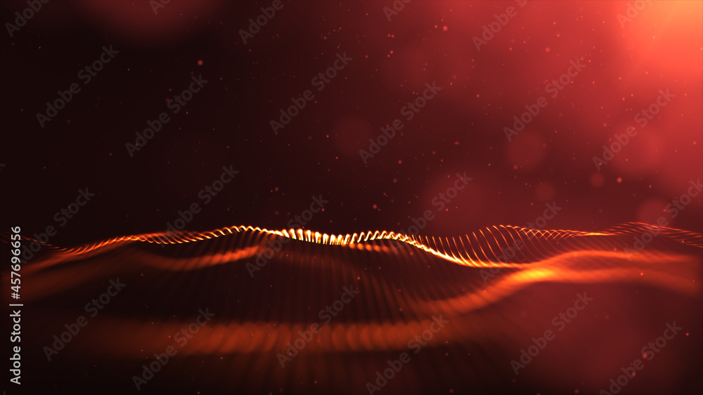 Fototapete Digital motion graphic of flowing particles wave in abstract cyber space technology de-focus background