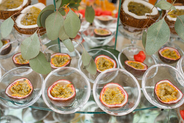 Candy Bar. Delicious wedding buffet with cupcakes. Sweet buffet with cupcakes and other desserts.