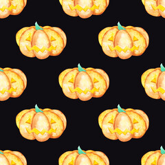 Pumpkin isolated on a black background. Watercolor Halloween pumpkin with a smiley face. Hand-drawn Halloween vegetable. Orange pumpkin illustration. Funny fall clipart. Happy Halloween symbol.