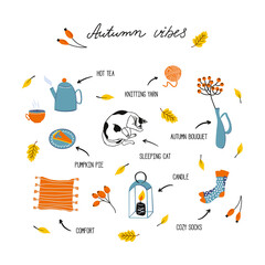Vector collection of cozy elements: falling leaves, cat, candle, socks, tea, pumpkin pie and other. Autumn vibes lettering. Cute colorful illustrations isolated on white background.
