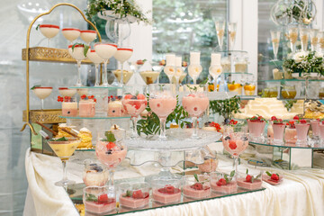 Wedding. Candy bar. White wedding cake decorated by flowers standing of festive table with deserts, strawberry tartlet and cupcakes.