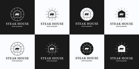 set of steak house, cow, beef steak, farm , ranch logo design vintage style