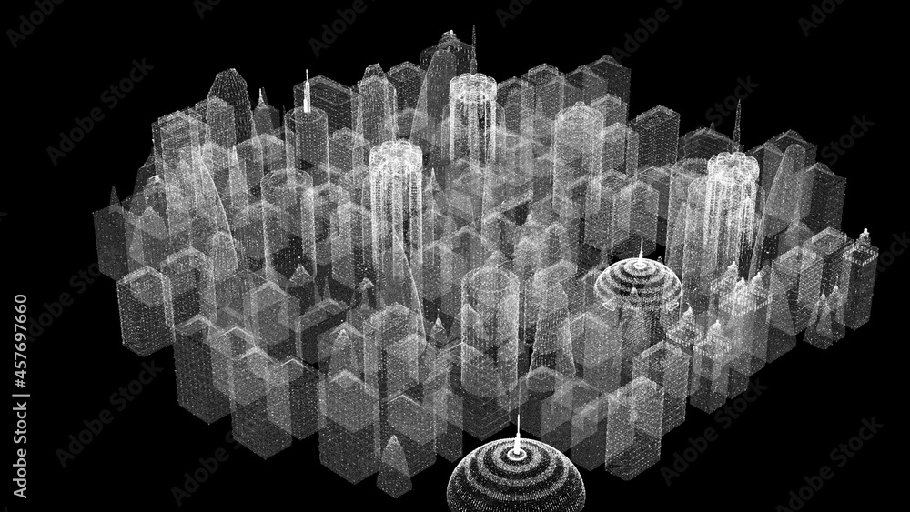 Poster Futuristic 3d rendering of rotating holographic city digitally generated image virtual reality matrix particles simulation in cyber space background environment for head up display screen