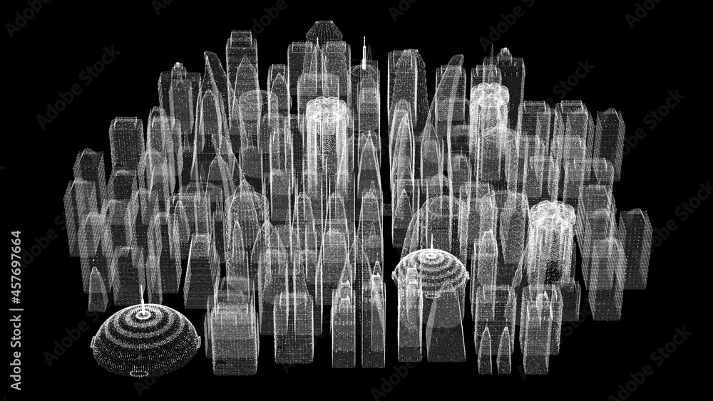 Poster Futuristic 3d rendering of rotating holographic city digitally generated image virtual reality matrix particles simulation in cyber space background environment for head up display screen