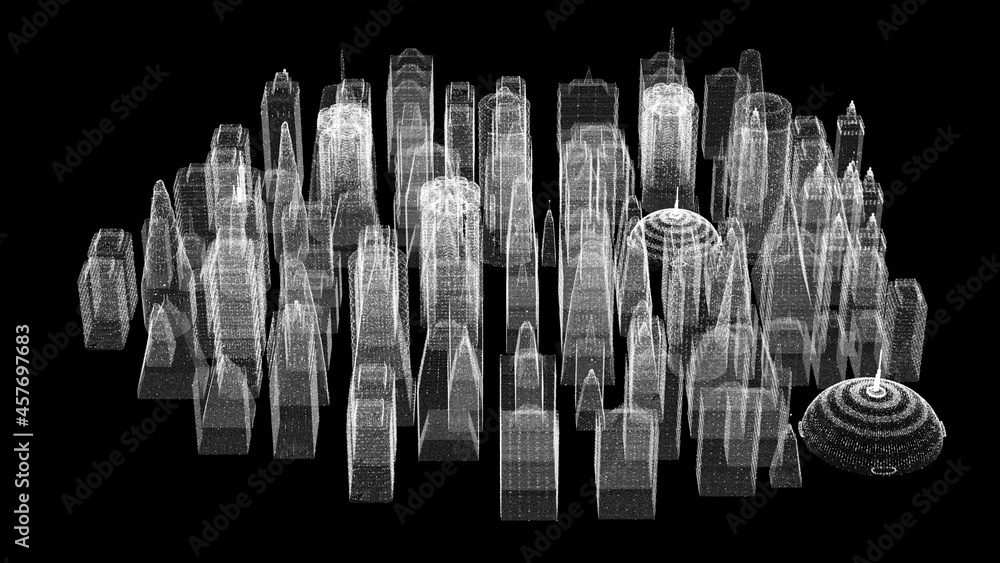 Poster Futuristic 3d rendering of rotating holographic city digitally generated image virtual reality matrix particles simulation in cyber space background environment for head up display screen