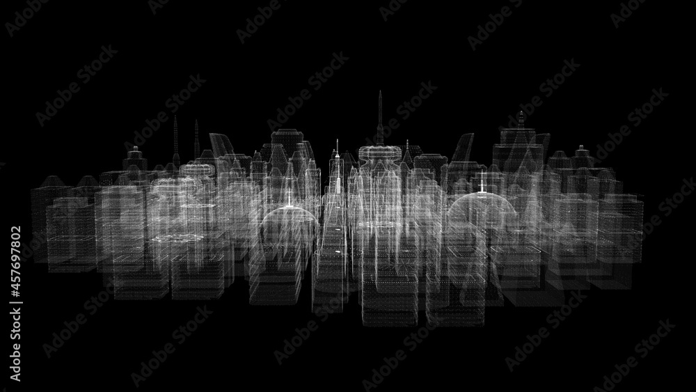 Poster Futuristic 3d rendering of rotating holographic city digitally generated image virtual reality matrix particles simulation in cyber space background environment for head up display screen