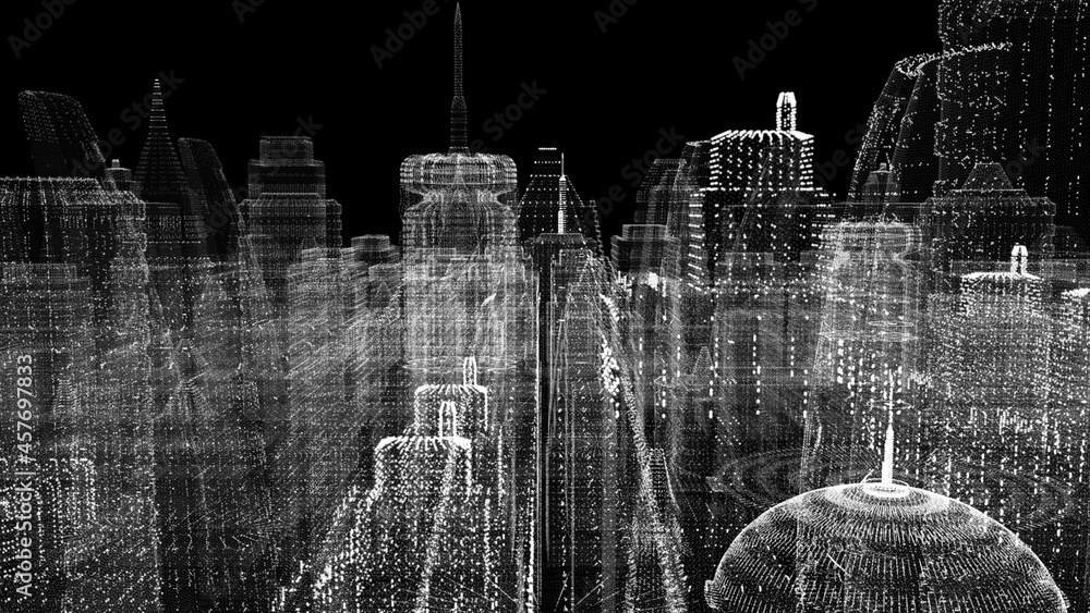 Poster Futuristic 3d rendering of rotating holographic city digitally generated image virtual reality matrix particles simulation in cyber space background environment for head up display screen