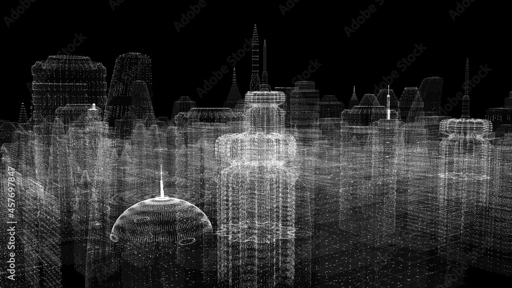 Poster Futuristic 3d rendering of rotating holographic city digitally generated image virtual reality matrix particles simulation in cyber space background environment for head up display screen