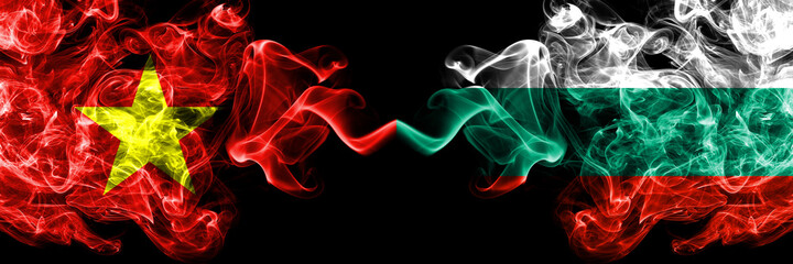 Vietnam, Vietnamese vs Bulgaria, Bulgarian smoke flags side by side.