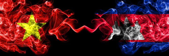 Vietnam, Vietnamese vs Cambodia, Cambodian, Khmer smoke flags side by side.