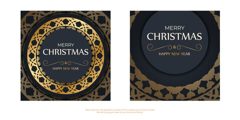 Festive flyer merry christmas dark blue color with vintage gold ornament