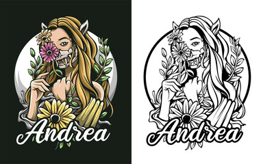 woman natural drawing vector art with skull mask