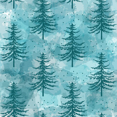 Obraz premium Christmas tree seamless vector pattern. Watercolor Noel firs print, winter frozen pine trees on blue background, wallpaper, wrapping paper design