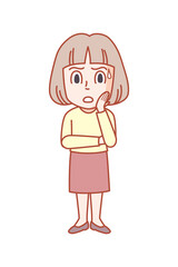 考える3頭身若い女性イラスト