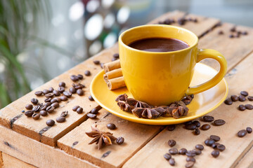 Top view of coffee cup on wooden table